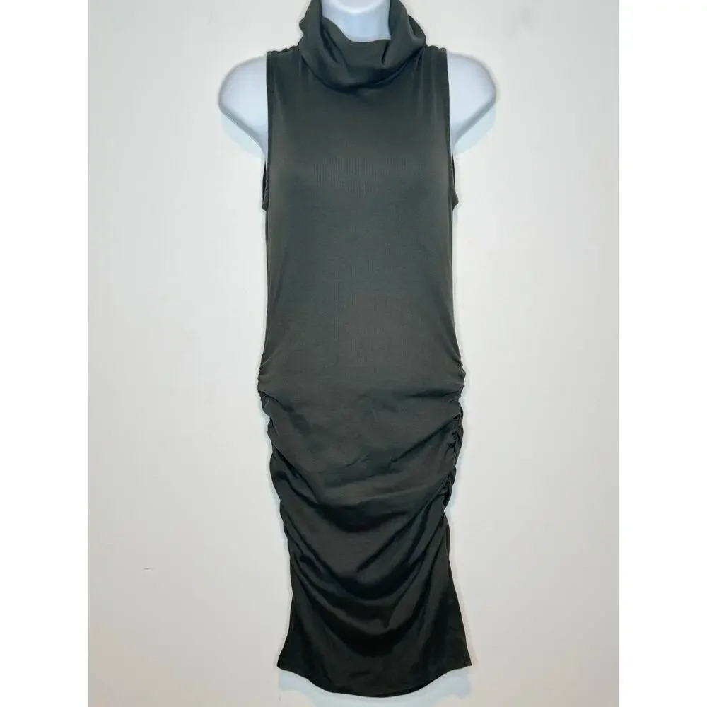 Michael Stars Womens Sleeveless Turtle Neck Ruched Midi Bodycon Dress Green SZ S